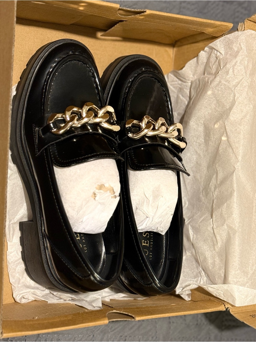Guess Black Patent Loafers with Gold Chain Detail